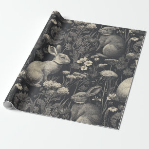 Papel De Presente Padrão de Toile de Coelho Vintage Preto Botânico