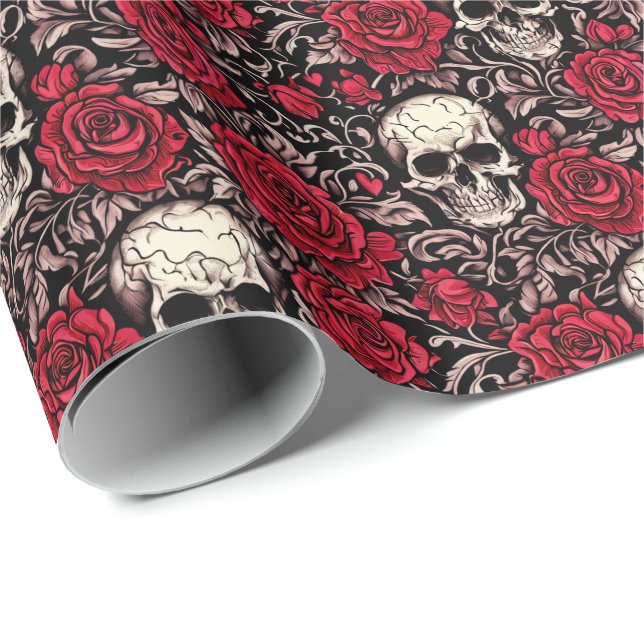 Papel De Presente Padrão de Toile do Skull & Rosa vermelha Gótico (Ponta do rolo)