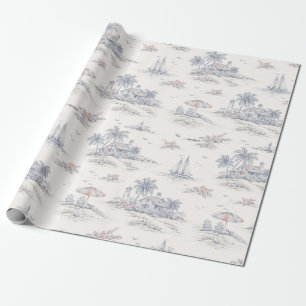 Papel De Presente Padrão de Toile Francês Tropical Costeiro Azul