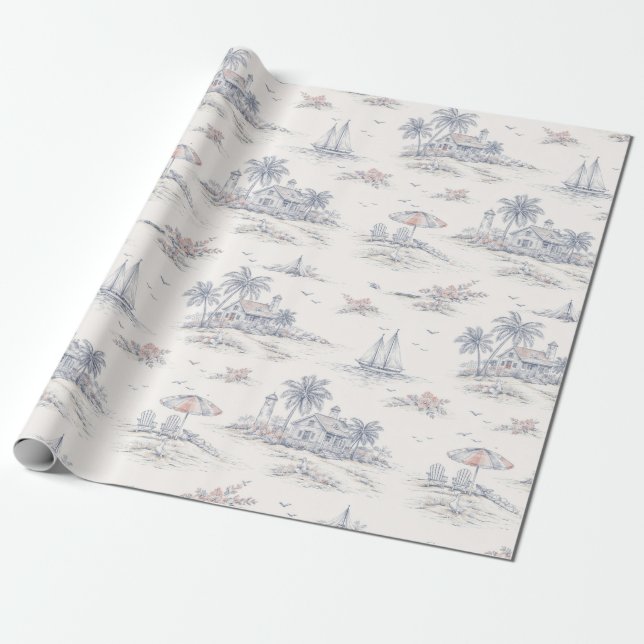 Papel De Presente Padrão de Toile Francês Tropical Costeiro Azul (Desenrolado)