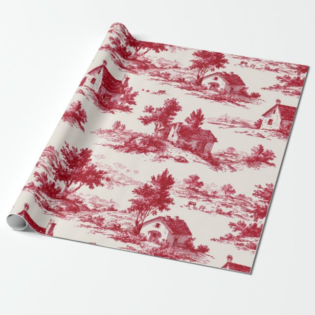Papel De Presente Padrão de Toile Vermelho Rústico de Paisagem Rural (Desenrolado)