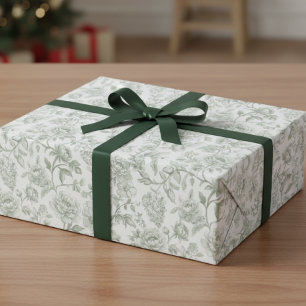 Papel De Presente Padrão de Toile Vintage Floral Verde Salvia