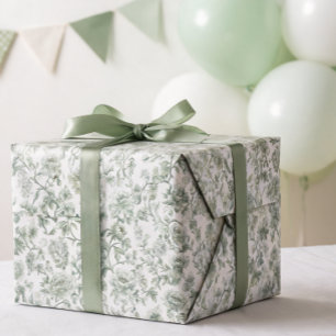 Papel De Presente Padrão de Toile Vintage Floral Verde Salvia
