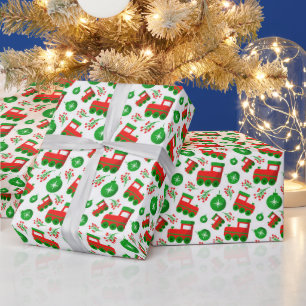 Papel De Presente Padrão de trator de Natal com bagas de azevinho e