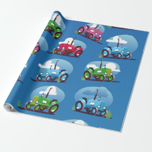 Papel De Presente Padrão de Trator (Fundo Azul)