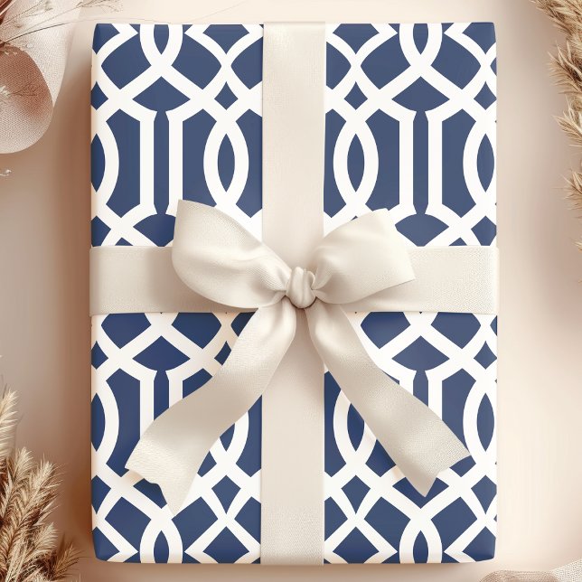 Papel De Presente Padrão de Treliça Marroquina em Azul Naval e Branc (Criador carregado)