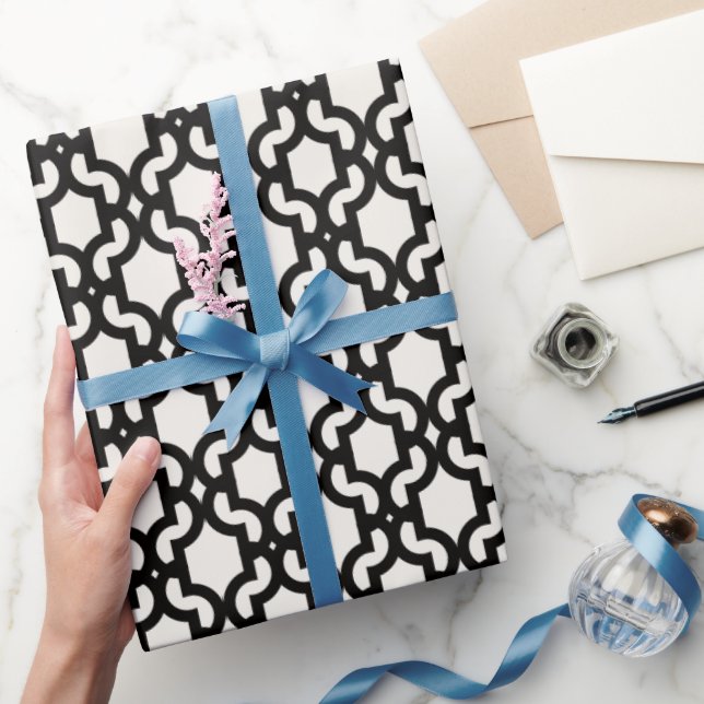 Papel De Presente Padrão de Treliça Quatrefoil Preto Marroquino Eleg (Presentear)