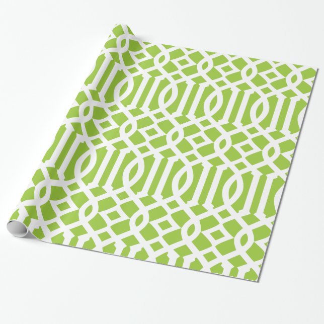 Papel De Presente Padrão de Trellis Verde e Branca da Apple (Desenrolado)