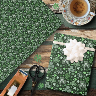 Papel De Presente Padrão de Trevo Celta Corações Irlandeses Verdes