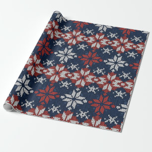 Papel De Presente Padrão de Tricô Floco de Neve Nórdico em Azul Mari