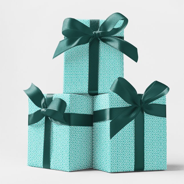 Papel De Presente Padrão de Turquesa e Branco com Chave Grega (Turquoise and White Greek Key Pattern Wrapping Paper)