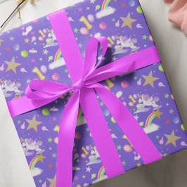 Papel De Presente Padrão de Unicórnio de 1º Aniversário Cor de Rouxo