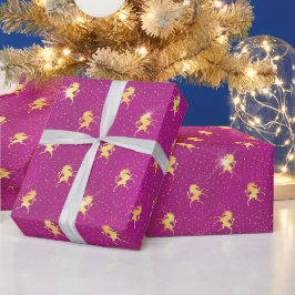 Papel De Presente Padrão de Unicórnio Dourado Brilhante em Magenta