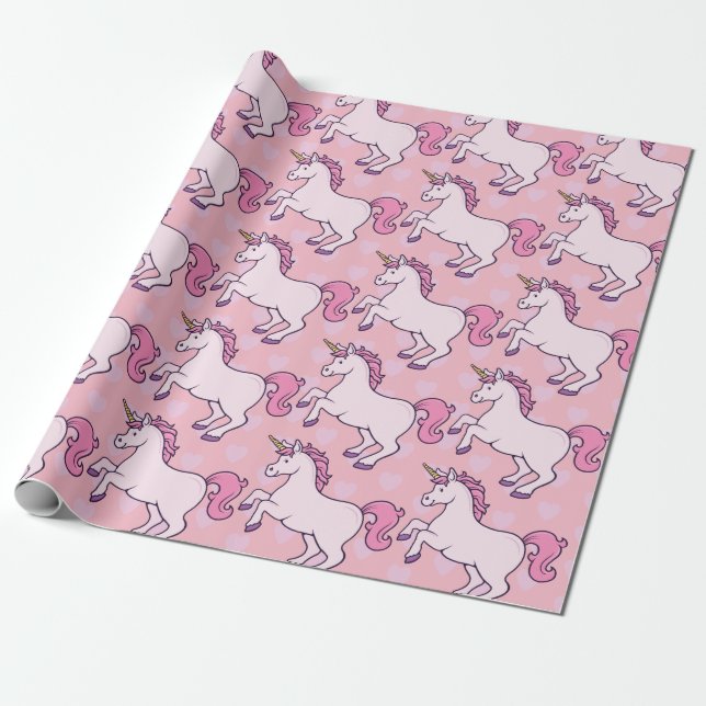Papel De Presente Padrão de Unicórnio e Coração Personalizável (Desenrolado)