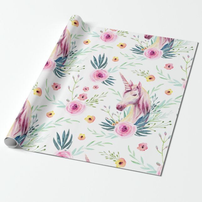 Papel De Presente Padrão de Unicórnio Floral (Desenrolado)