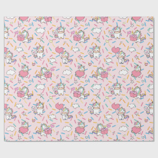 Papel De Presente Padrão de Unicórnio Kawaii e Corações em Rosa