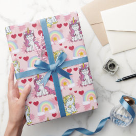Papel De Presente Padrão de Unicórnios, Arco-íris e Corações