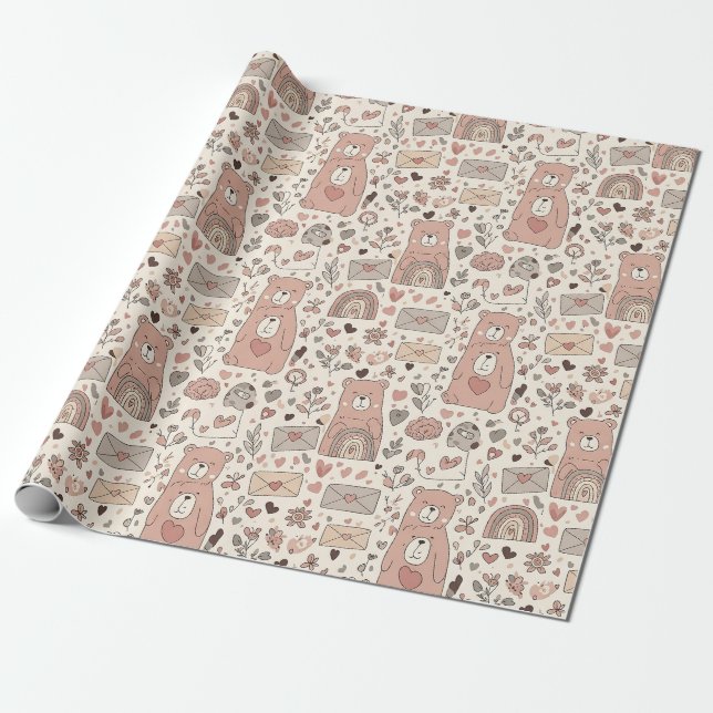 Papel De Presente Padrão de Urso de Pelúcia Boho Aconchegante (Desenrolado)