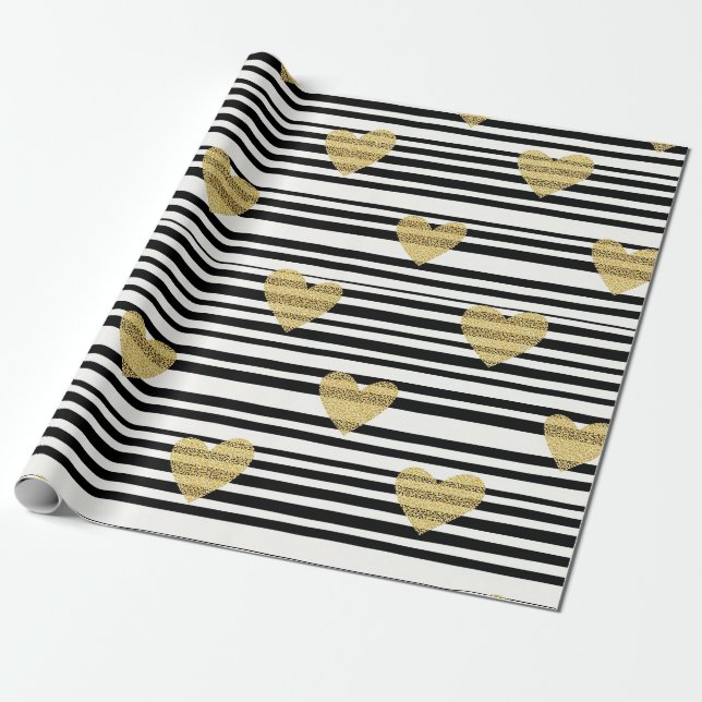 Papel De Presente Padrão de Valentino com Listra Preta e Corações Do (Desenrolado)