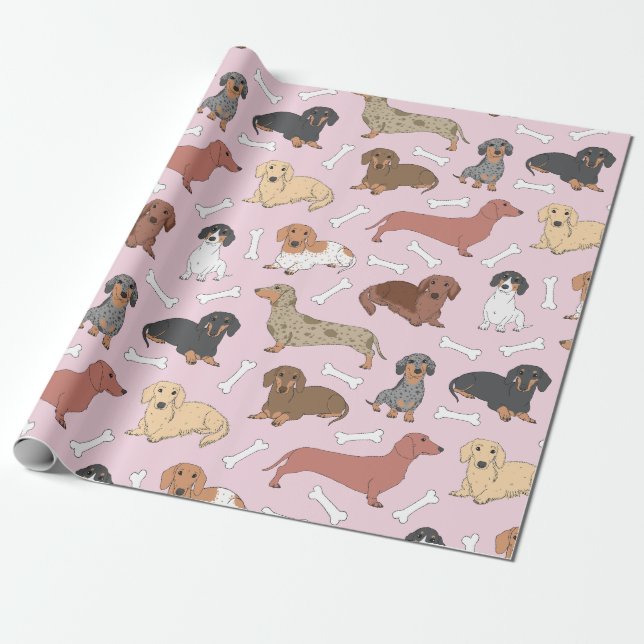 Papel De Presente padrão de variedade dachshund a rosa (Desenrolado)