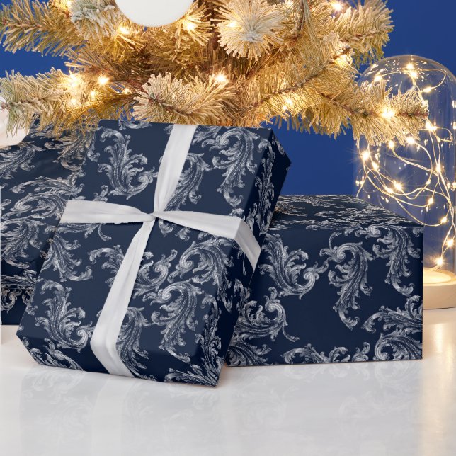 Papel De Presente Padrão de Veludo Azul-Marinho com Arco de Natal (Feriados)