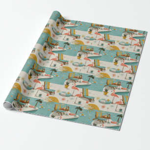 Papel De Presente Padrão de verão à beira da piscina Flamingo Retro 