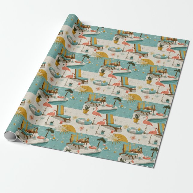 Papel De Presente Padrão de verão à beira da piscina Flamingo Retro  (Desenrolado)