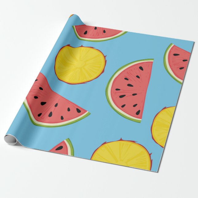 Papel De Presente Padrão de Verão com abacaxi e melancia, ba (Desenrolado)