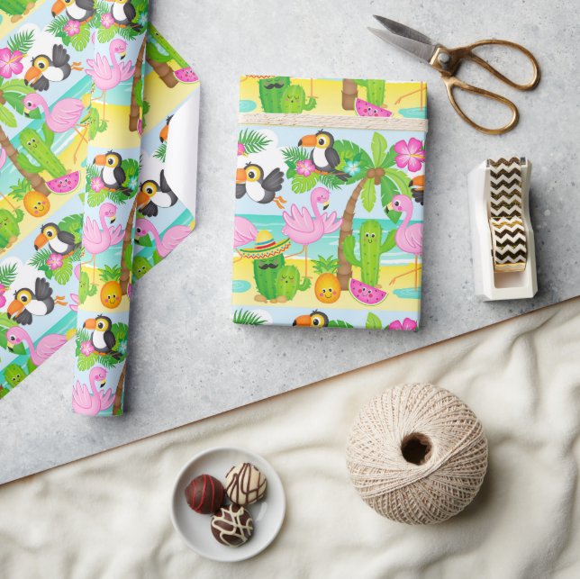 Papel De Presente Padrão de verão tropical de tucano e flamingo (Artesanato)