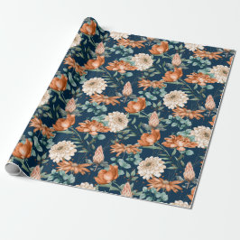 Papel De Presente Padrão de Verde Floral Laranja Queimado