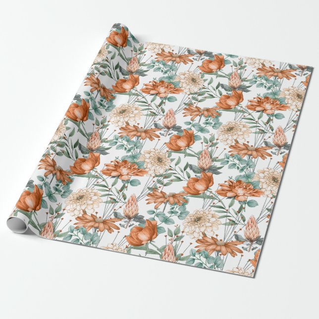 Papel De Presente Padrão de Verde Floral Laranja Queimado (Desenrolado)