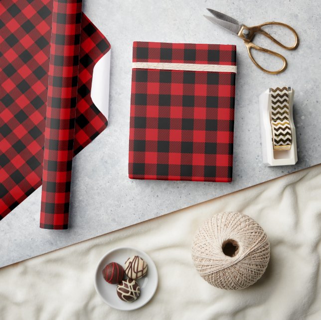 Papel De Presente Padrão de Verificação Preto e Vermelho (Artesanato)