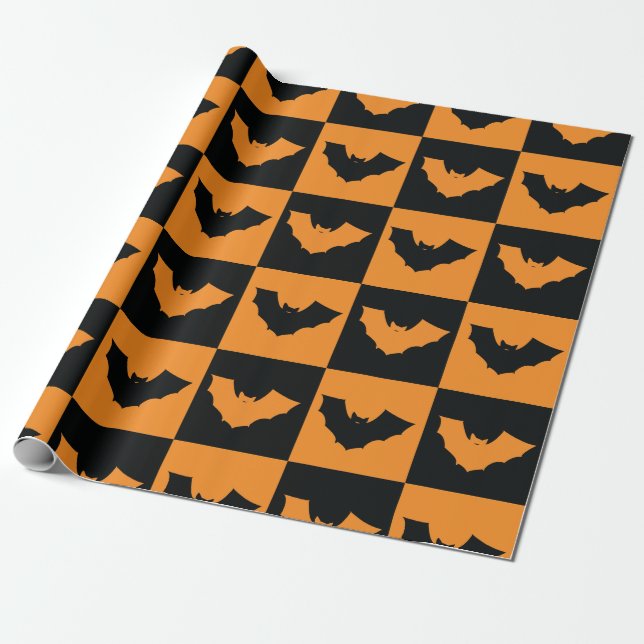 Papel De Presente Padrão de Verificadores de Halloween com Bats (Desenrolado)