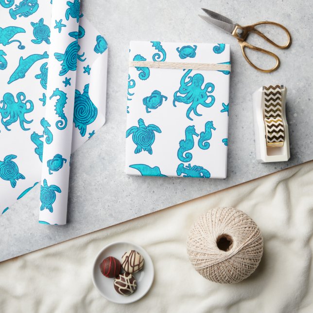 Papel De Presente Padrão de Vida Marinha Azul em Branco (Artesanato)