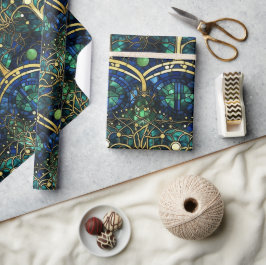Papel De Presente Padrão de Vidro Colorido Árvore Celestial Verde Es
