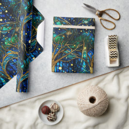Papel De Presente Padrão de Vidro Colorido Árvore Celestial Verde Es
