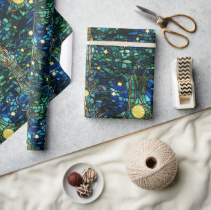 Papel De Presente Padrão de Vidro Colorido Árvore Celestial Verde Es