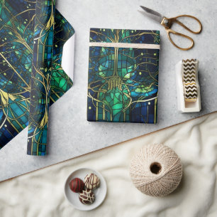 Papel De Presente Padrão de Vidro Colorido Árvore Celestial Verde Es