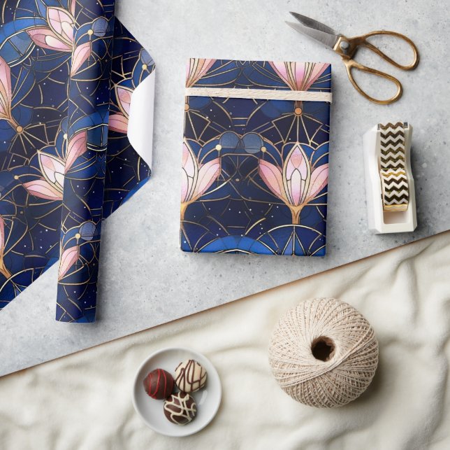 Papel De Presente Padrão de Vidro Estreitado do Lotus Faux Rosa Eleg (Artesanato)