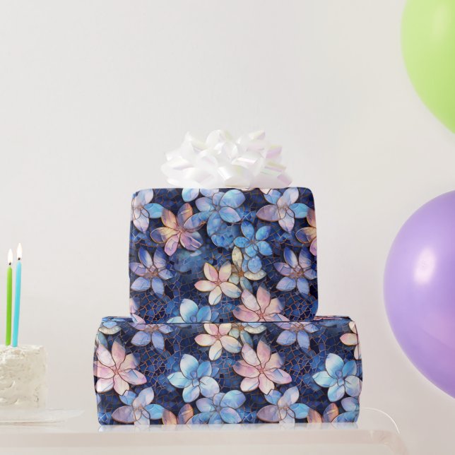 Papel De Presente Padrão de Vidro Mosaico de Flores Azuis e Rosas El (Presentes para festas)