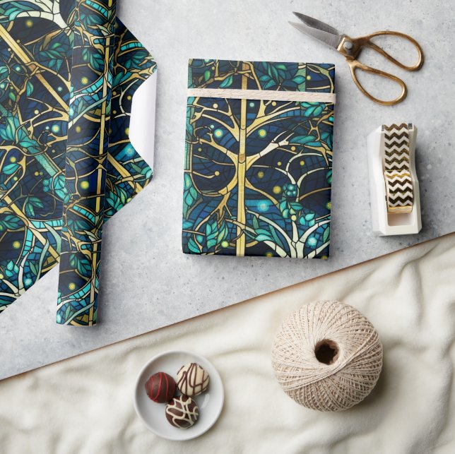 Papel De Presente Padrão de Vidro Pintado Falso de Floresta Verde Es (Artesanato)
