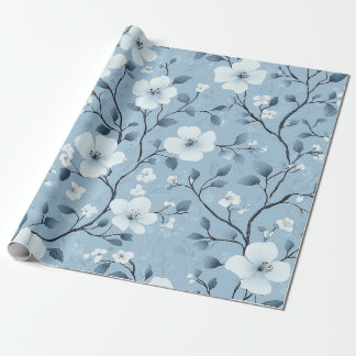 Papel De Presente Padrão de Vinha Floral Azul-Pálido e Branco