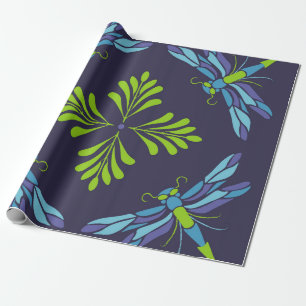 Papel De Presente Padrão de vinheta libélula azul verde sobre fundo