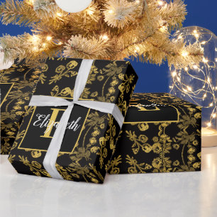 Papel De Presente Padrão de vintagem de Flor Dourada Chic preto excl