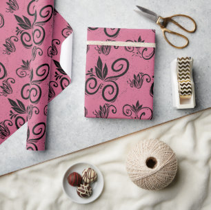 Papel De Presente Padrão de Vintagem Floral Preto-Cinto Cor-de-Rosa