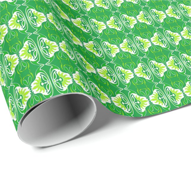 Papel De Presente Padrão de wallpaper Art Deco - verde e branco (Ponta do rolo)