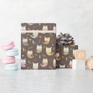 Papel De Presente Padrão de Woodland Owl, Crianças Brown