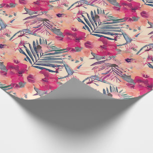 Papel De Presente Padrão de Wren do Hibiscus Tropical Retro
