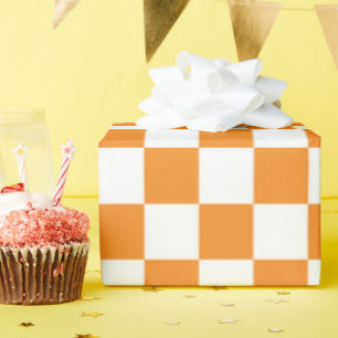 Papel De Presente Padrão de Xadrez Branco Laranja  