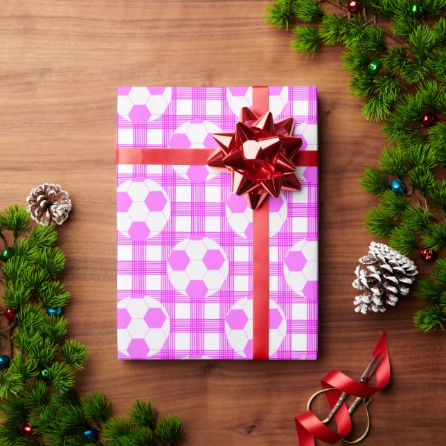 Papel De Presente Padrão de Xadrez da bola de futebol em branco e ro (Presente de Natal)